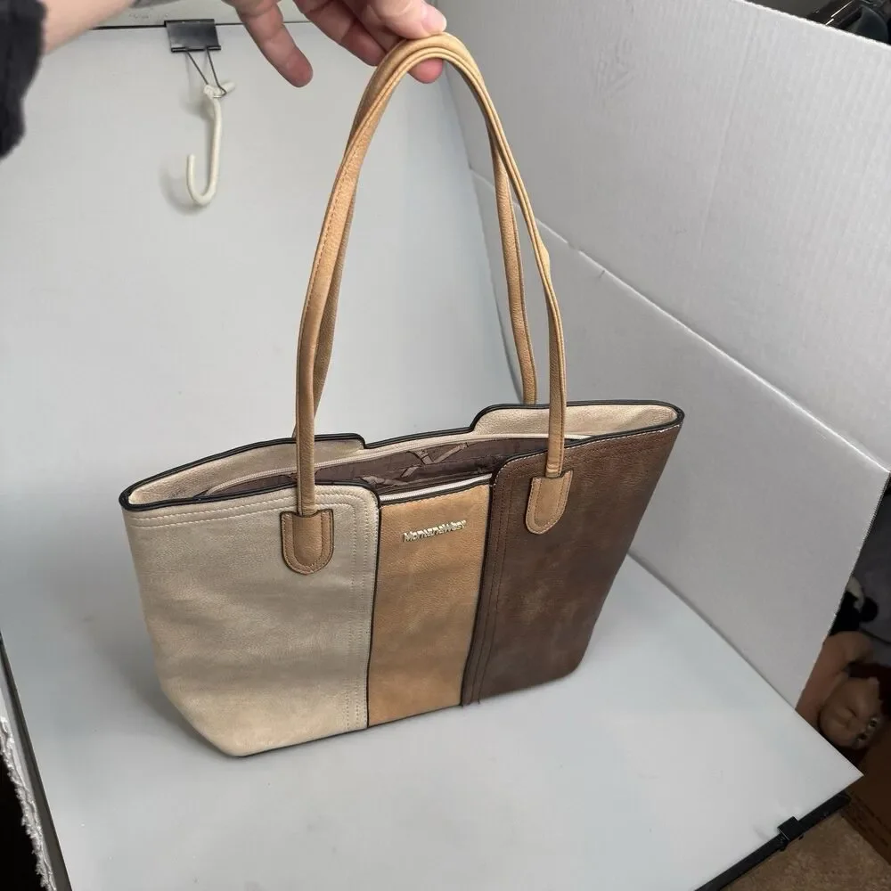 Montana West Tri-Color Cream Tan Brown Tote Vegan Leather Purse Zip Close Studde